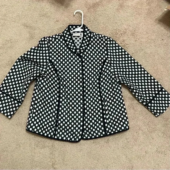 Chicos Polka Dot Plush Jacket Open Front Pockets Black White Collared - Picture 4 of 14